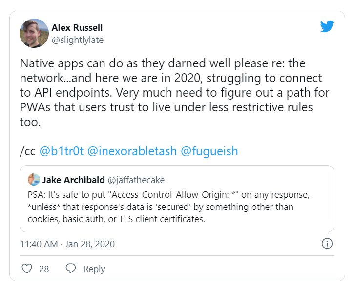 Tweet of Alex Russel (@slightlylate) about web app CORS issues